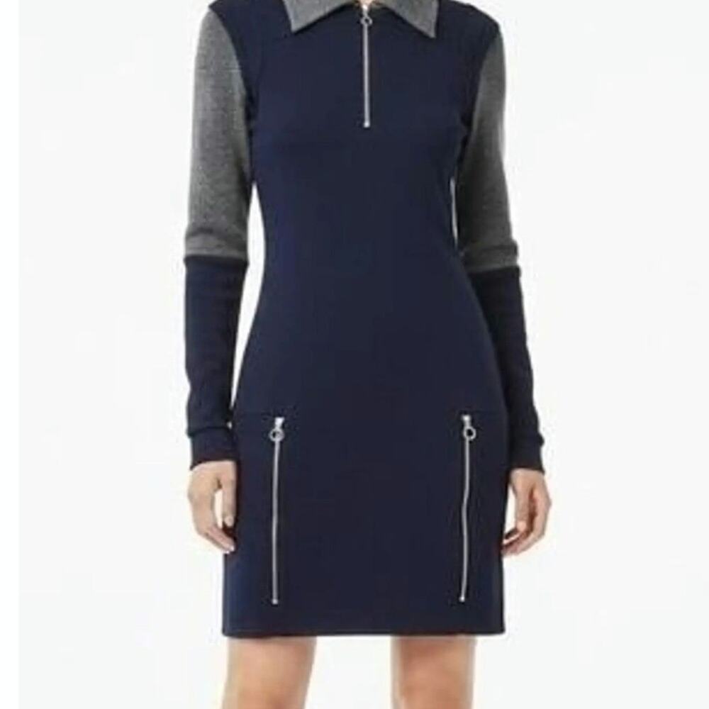 Lacoste Navy Wool Blend Mixed Media Sweatshirt Dress Zip Detail